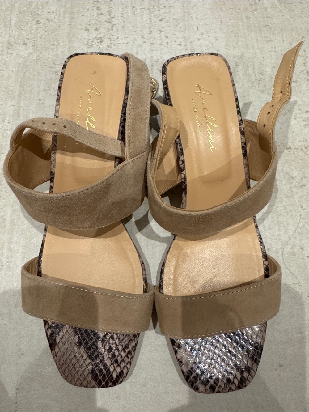 Avellini Taupe Suede Two-Band Sandals with Snake-Print Footbed